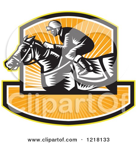 Clipart of a Retro Woodcut Jockey on a Horse in a Shield of Orange Sunshine - Royalty Free Vector Illustration by patrimonio
