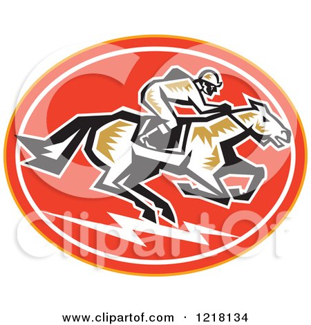 Clipart of a Retro Woodcut Jockey on a Horse in an Oval - Royalty Free Vector Illustration by patrimonio