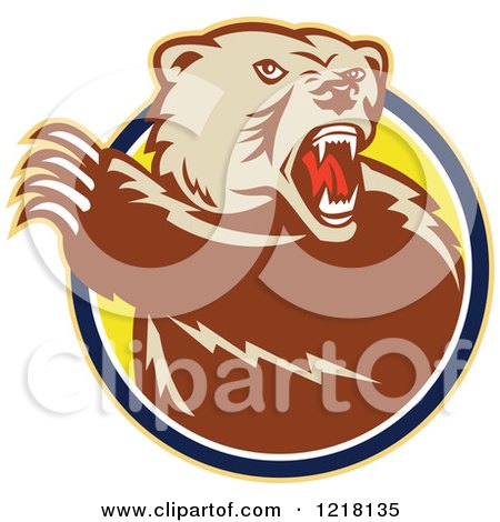 Clipart of an Angry Grizzly Bear with a Raised Paw in a Circle - Royalty Free Vector Illustration by patrimonio