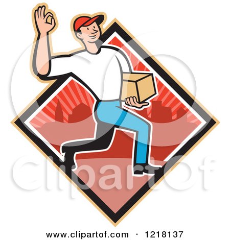Clipart of a Cartoon Delivery Man Gesturing Ok and Carrying a Package in a Red Urban Diamond - Royalty Free Vector Illustration by patrimonio