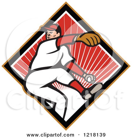 Clipart of a Cartoon Baseball Player Pitching over a Red Sunny Diamond - Royalty Free Vector Illustration by patrimonio