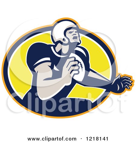 Clipart of a Quaterback American Football Player Throwing over an Oval - Royalty Free Vector Illustration by patrimonio