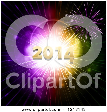 Clipart of 3d Gold New Year 2014 over Fireworks and Colorful Flares - Royalty Free Vector Illustration by elaineitalia