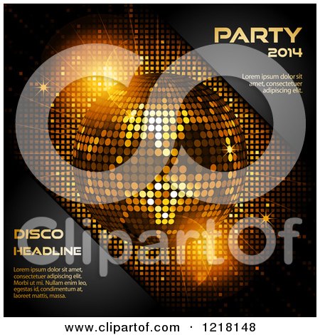 Clipart of a 3d Golden Disco Ball and Black Corners with Sample Text - Royalty Free Vector Illustration by elaineitalia