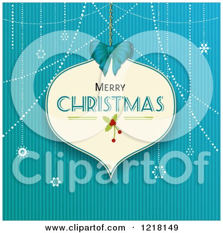 Clipart of a Merry Christmas Greeting in a Suspended Bauble over Blue Stripes - Royalty Free Vector Illustration by elaineitalia