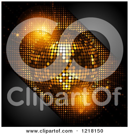 Clipart of a 3d Golden Disco Ball and Black Corners with Text Space - Royalty Free Vector Illustration by elaineitalia