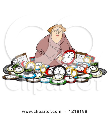 Clipart of a White Woman in a Pile of Clocks - Royalty Free Vector Illustration by djart