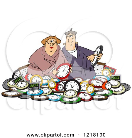 Clipart of a Couple in a Pile of Clocks - Royalty Free Vector Illustration by djart
