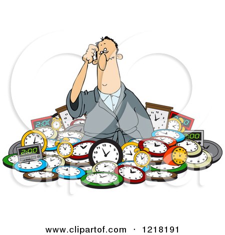 Clipart of a Confused White Man in a Pile of Clocks - Royalty Free Vector Illustration by djart