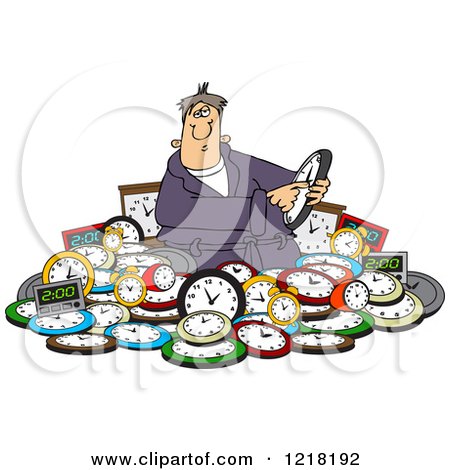 Clipart of a Man Adjusting Time in a Pile of Clocks - Royalty Free Vector Illustration by djart