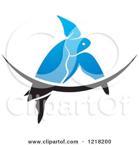 Clipart of a Blue Swimming Sea Turtle and Wave - Royalty Free Vector Illustration by Lal Perera