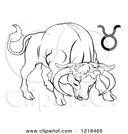Clipart of a Black and White Astrology Zodiac Taurus Bull and Symbol - Royalty Free Vector Illustration by AtStockIllustration