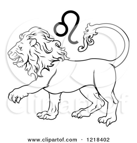 Clipart of a Black and White Astrology Zodiac Leo Lion and Symbol - Royalty Free Vector Illustration by AtStockIllustration