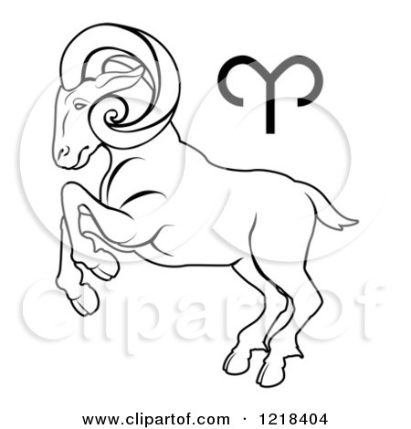 Clipart of a Black and White Astrology Zodiac Aries Ram and Symbol - Royalty Free Vector Illustration by AtStockIllustration