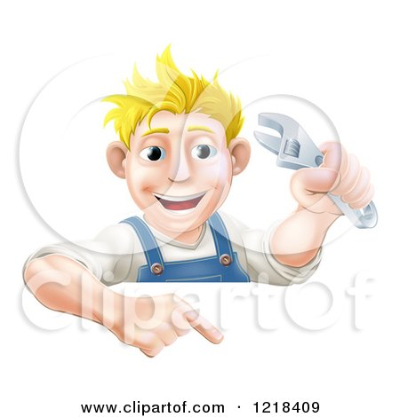 Clipart of a Happy Mechanic Man Holding a Spanner Wrench and Pointing down to a Sign - Royalty Free Vector Illustration by AtStockIllustration
