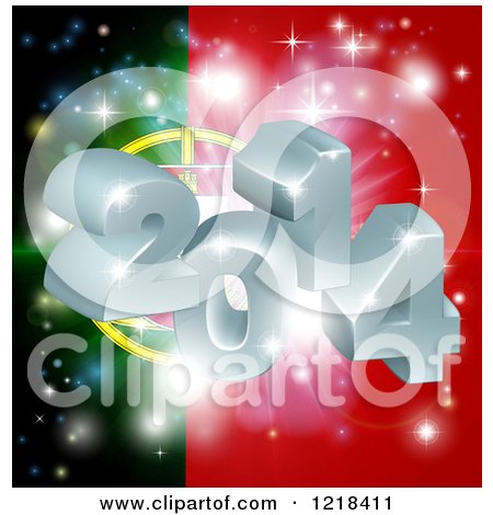 Clipart of a 3d 2014 and Fireworks over a Portugal Flag - Royalty Free Vector Illustration by AtStockIllustration