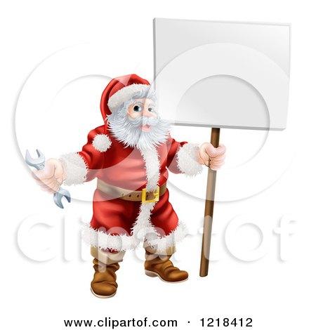 Clipart of Santa Holding a Spanner Wrench and Sign 2 - Royalty Free Vector Illustration by AtStockIllustration