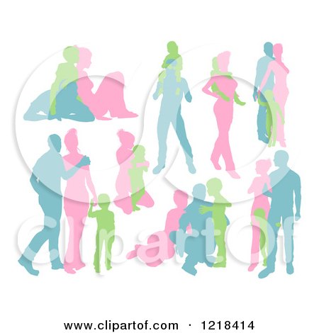 Clipart of a Green Blue and Pink Silhouetted Families - Royalty Free Vector Illustration by AtStockIllustration