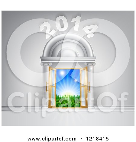 Clipart of a New Year 2014 over Open Doors with Sunshine and Grass Outside - Royalty Free Vector Illustration by AtStockIllustration