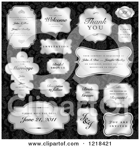 Clipart of Silver Wedding Labels with Sample Text over Black Damask - Royalty Free Vector Illustration by BestVector