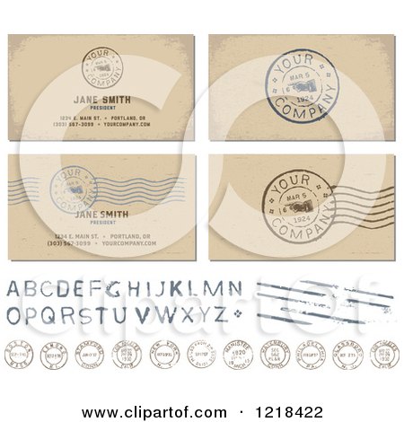 Clipart of a Postal Stamps and Your Company Is Requested Postmarks with Sample Text - Royalty Free Vector Illustration by BestVector