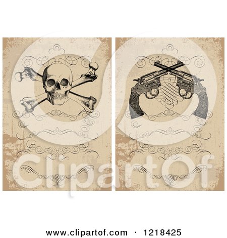 Clipart of Vintage Distressed Invitations with a Skull and Crossbones and Revolvers - Royalty Free Vector Illustration by BestVector