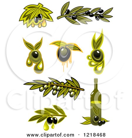 Clipart of Black and Green Olives with Leaves and Oil - Royalty Free Vector Illustration by Vector Tradition SM