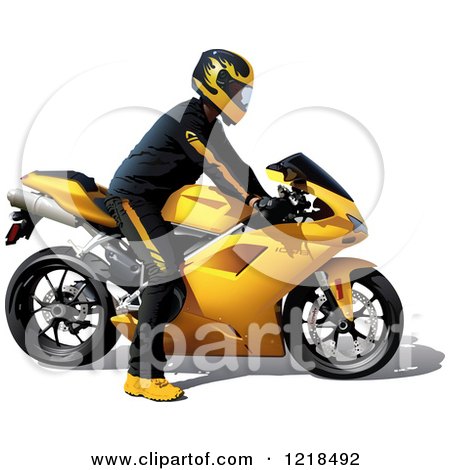 Clipart of a Man Riding a Yellow Motorcycle - Royalty Free Vector Illustration by dero