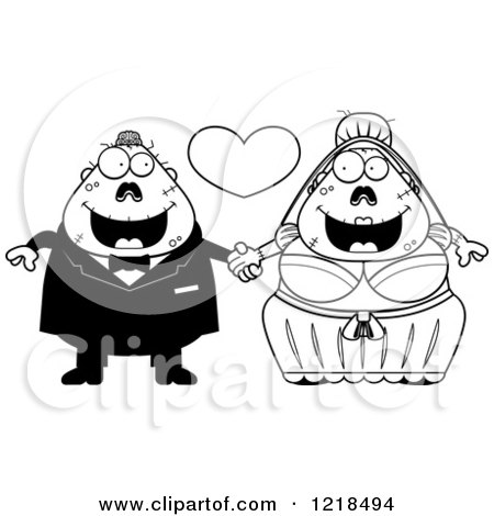 Clipart of a Black and White Zombie Wedding Couple Holding Hands Under a Heart - Royalty Free Vector Illustration by Cory Thoman
