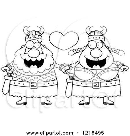 Clipart of a Black and White Viking Couple Holding Hands Under a Heart - Royalty Free Vector Illustration by Cory Thoman