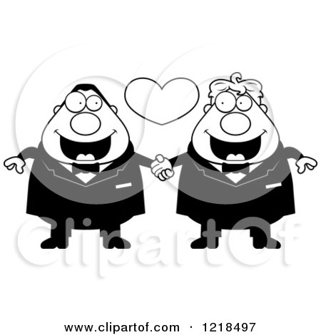 Clipart of a Black and White Chubby Gay Wedding Couple Holding Hands Under a Heart - Royalty Free Vector Illustration by Cory Thoman