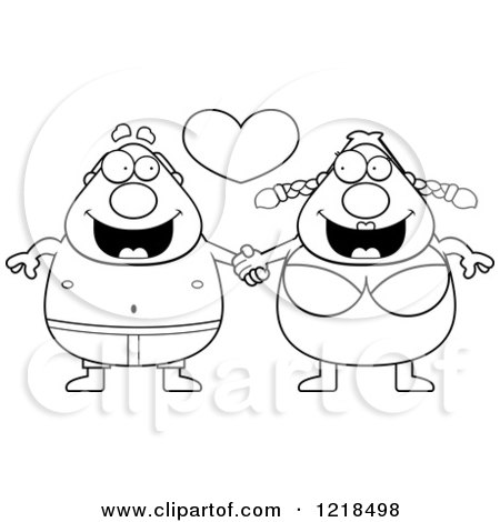 Clipart of a Black and White Chubby Beach Couple in Swimsuits, Holding Hands Under a Heart - Royalty Free Vector Illustration by Cory Thoman