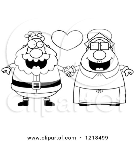 Clipart of a Black and White Santa and Mrs Claus Couple Holding Hands Under a Heart - Royalty Free Vector Illustration by Cory Thoman