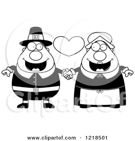 Clipart of a Black and White Pilgrim Couple Holding Hands Under a Heart - Royalty Free Vector Illustration by Cory Thoman