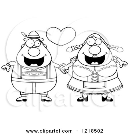 Clipart of a Black and White Happy Oktoberfest Couple Holding Hands Under a Heart - Royalty Free Vector Illustration by Cory Thoman