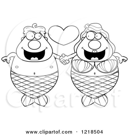 Clipart of a Black and White Mermaid Couple Holding Hands Under a Heart - Royalty Free Vector Illustration by Cory Thoman