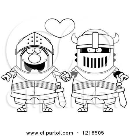 Clipart of a Black and White Gay Knight Couple Holding Hands Under a Heart 2 - Royalty Free Vector Illustration by Cory Thoman