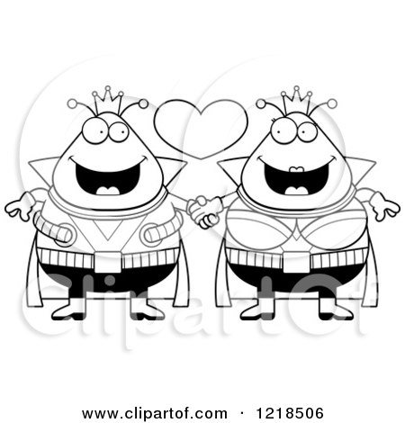 Clipart of a Black and White Martian Alien Couple Holding Hands Under a Heart - Royalty Free Vector Illustration by Cory Thoman