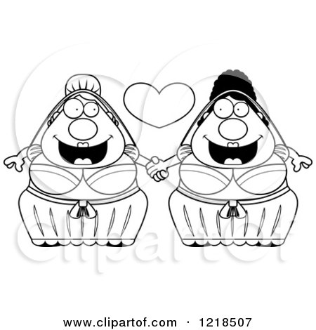 Clipart of a Black and White Chubby Lesbian Wedding Couple Holding Hands Under a Heart - Royalty Free Vector Illustration by Cory Thoman