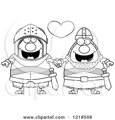 Clipart of a Black and White Gay Knight Couple Holding Hands Under a Heart - Royalty Free Vector Illustration by Cory Thoman