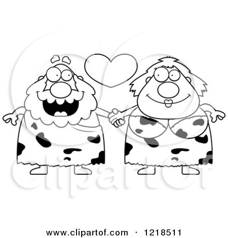 Clipart of a Black and White Caveman Couple Holding Hands Under a Heart - Royalty Free Vector Illustration by Cory Thoman