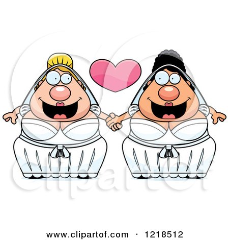 Clipart of a Chubby Lesbian Wedding Couple Holding Hands Under a Heart - Royalty Free Vector Illustration by Cory Thoman