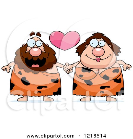 Clipart of a Caveman Couple Holding Hands Under a Heart - Royalty Free Vector Illustration by Cory Thoman