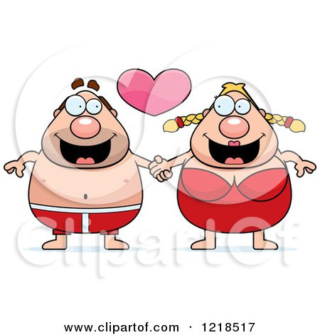 Clipart of a Chubby Beach Couple in Swimsuits, Holding Hands Under a Heart - Royalty Free Vector Illustration by Cory Thoman