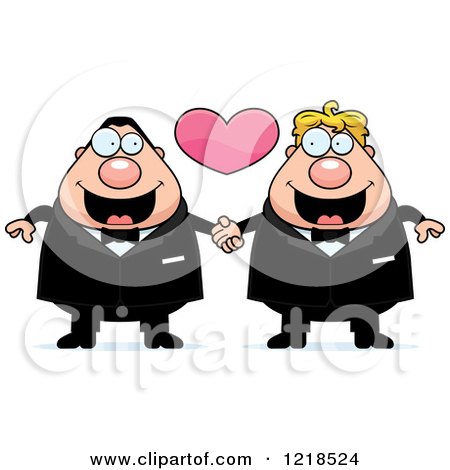 Clipart of a Chubby Gay Wedding Couple Holding Hands Under a Heart - Royalty Free Vector Illustration by Cory Thoman