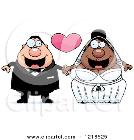 Clipart of a Mixed Race Wedding Couple Holding Hands Under a Heart - Royalty Free Vector Illustration by Cory Thoman