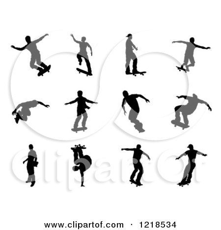 Clipart of Black Silhouetted Skateboarders 4 - Royalty Free Vector Illustration by AtStockIllustration