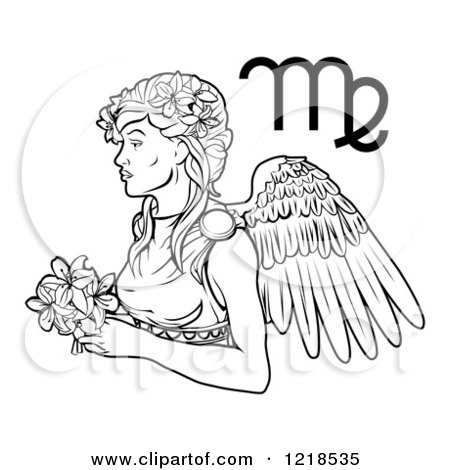 Clipart of a Black and White Astrology Zodiac Virgo Virgin and Symbol - Royalty Free Vector Illustration by AtStockIllustration