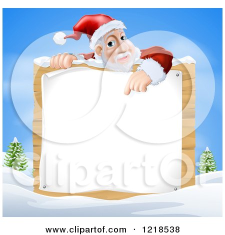 Clipart of Santa Claus Pointing down to a Christmsa Sign in a Winter Landscape - Royalty Free Vector Illustration by AtStockIllustration