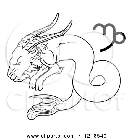 Clipart of a Black and White Astrology Zodiac Capricorn Sea Goat and Symbol - Royalty Free Vector Illustration by AtStockIllustration